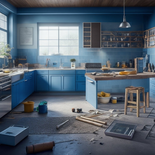 A modern kitchen with torn-out cabinets, exposed pipes, and a sledgehammer lying on the floor, surrounded by blueprints, calculators, and scattered construction materials.