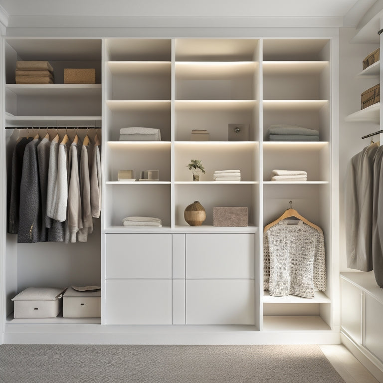 A serene, minimalist closet interior with sleek, floor-to-ceiling shelves, a compact dresser, and a few, carefully selected garments on wooden hangers, illuminated by soft, natural light.