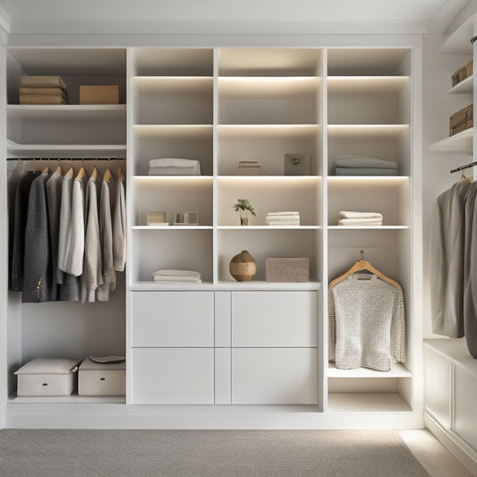 A serene, minimalist closet interior with sleek, floor-to-ceiling shelves, a compact dresser, and a few, carefully selected garments on wooden hangers, illuminated by soft, natural light.