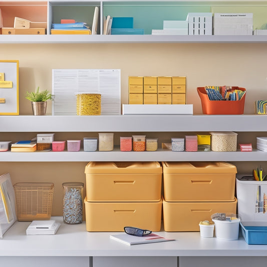 A tidy, minimalist workspace with a few neatly organized storage tubs, each featuring colorful, neatly arranged labels, surrounded by a few strategically placed, elegant office supplies.