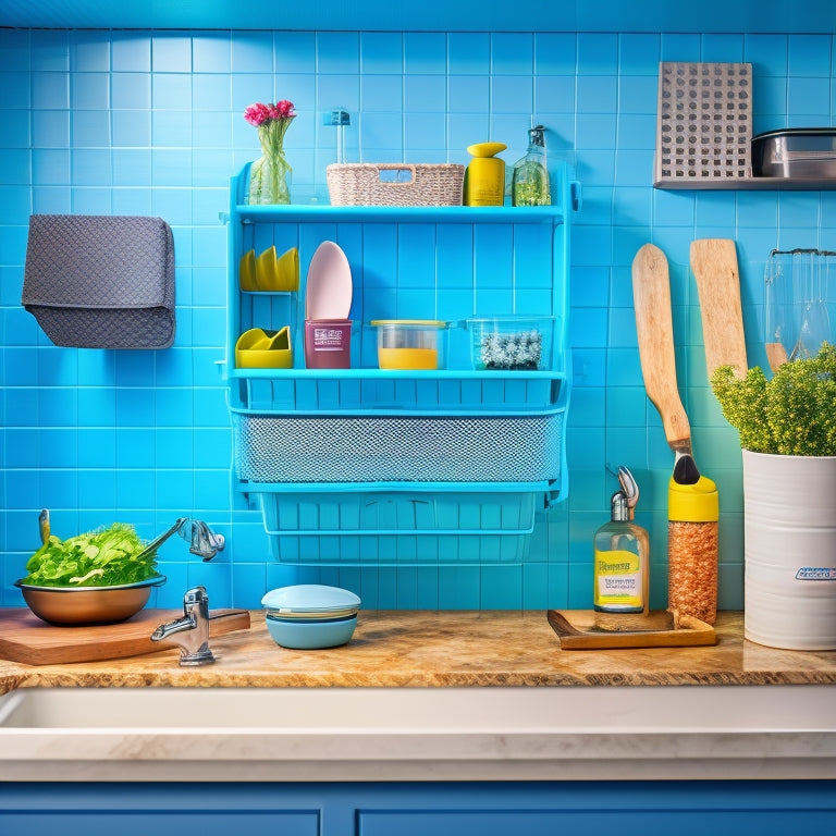 A tidy kitchen with a collapsible silicone utensil organizer on the counter, a foldable mesh storage bin beneath the sink, and a retractable drying rack mounted on the wall.