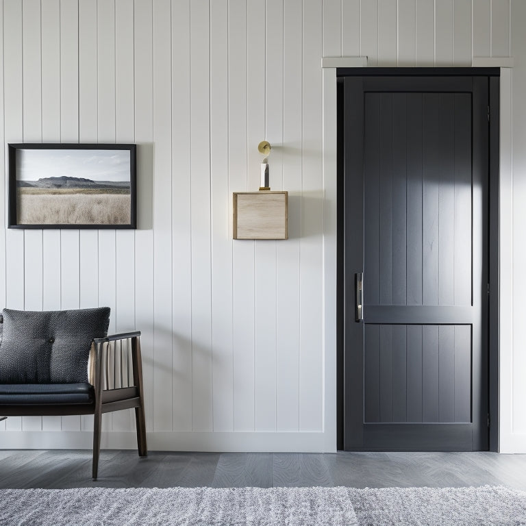 A modern, minimalist interior scene featuring a sliding barn door with sleek, matte-black hardware and a reclaimed wood door, set against a crisp white wall with natural light pouring in.