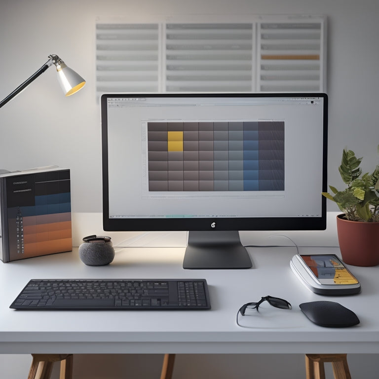 A minimalist digital desk with a sleek laptop, a tidy cable organizer, and a few strategically placed folders, surrounded by a subtle grid of neat, color-coded digital files and icons.