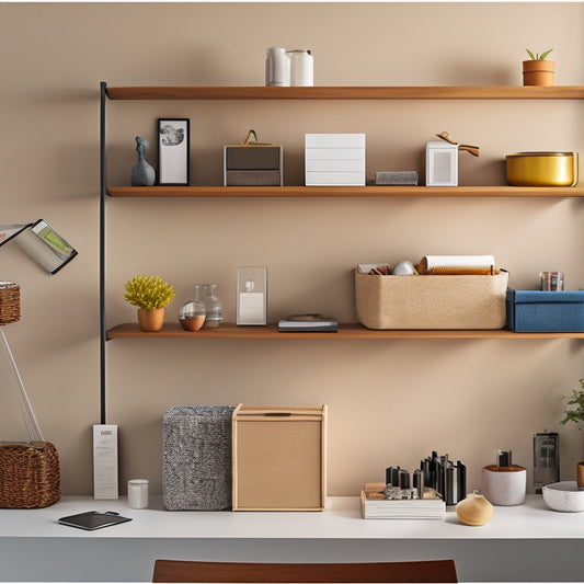 A minimalist, clutter-free room with a wall-mounted shelf system, labeled storage bins, and a compact desk with a built-in cable organizer, surrounded by a few, carefully selected decorative items.