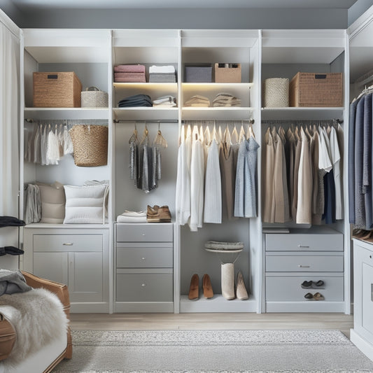 A serene, well-lit closet interior with various hanging storage solutions: shelves, rods with dividers, shoe organizers, and hanging bins, showcasing a harmonious blend of functionality and style.