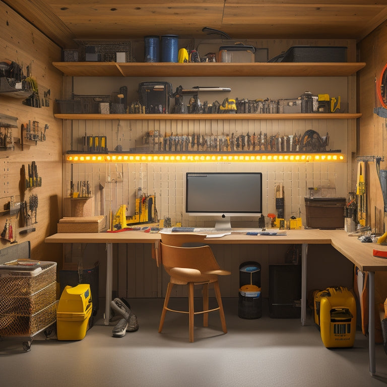 A tidy, well-lit garage workspace with a pegboard featuring neatly arranged IKEA SKUBB boxes, BYGEL rails, and KVISSLE letters, surrounded by organized power tools and accessories.