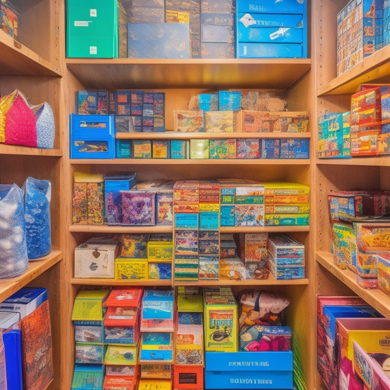 A cluttered game closet overflowing with board games, boxes stacked haphazardly, and game pieces scattered everywhere, contrasted with a sleek, organized shelving system with neatly arranged games and labeled baskets.