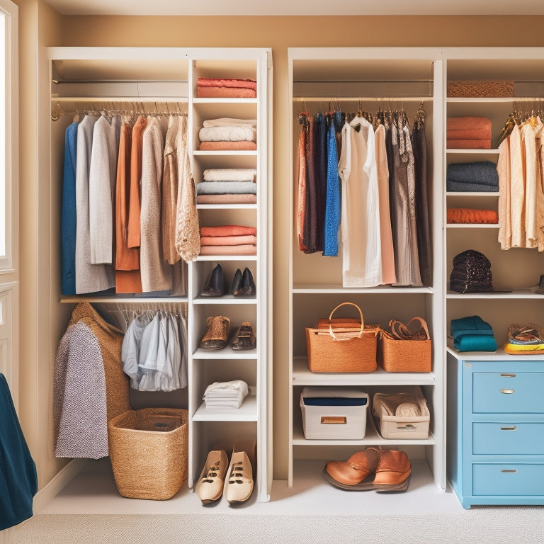 A serene and organized closet interior with a few outfits hung on a double rod, shoes neatly arranged on shelves, and a few storage bins labeled with colorful tabs, surrounded by soft natural light.