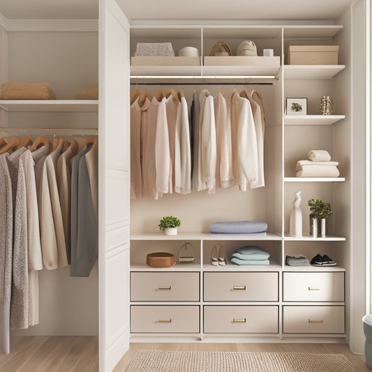 A serene, well-lit closet interior with sleek, white shelves, minimalist clothing rods, and a few, carefully-placed, stylish storage bins in a calming, muted color palette.