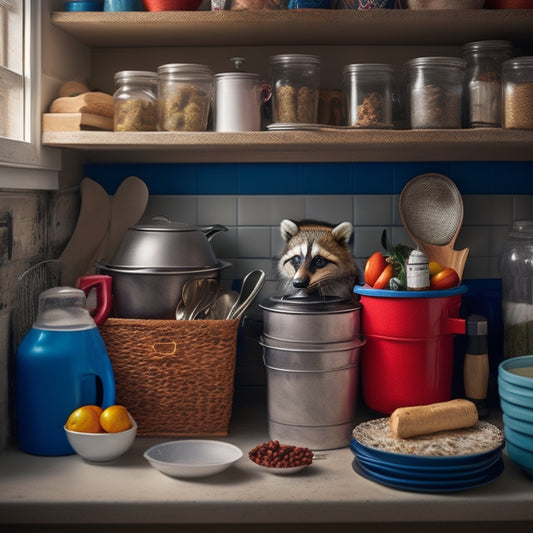 A cluttered small kitchen with open cabinets, overflowing utensil jars, and a messy countertop, featuring a surprise raccoon peeking out from behind a stack of plates.