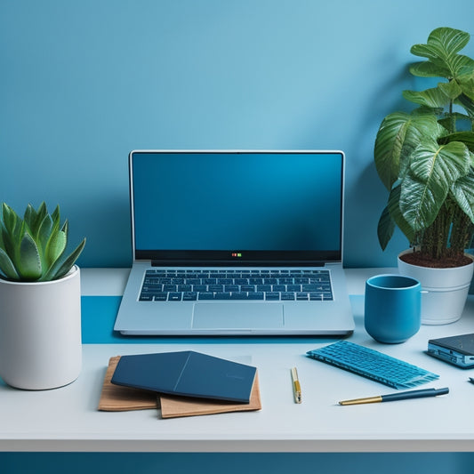 A tidy, modern desk with a sleek laptop, a few organized notebooks, and a small potted plant, set against a calming blue background with subtle, futuristic grid lines.