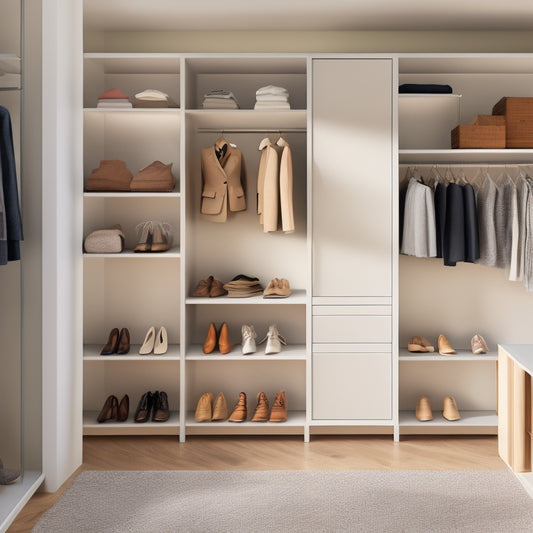 A serene, minimalist closet interior with a few, carefully curated garments on sleek, wooden shelves, and a few pairs of shoes aligned on a polished floor, surrounded by empty space.
