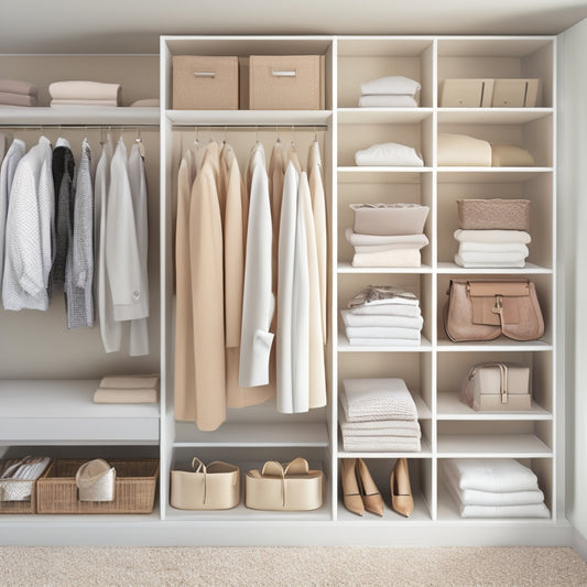 A serene, minimalist closet interior with a soft, creamy color palette, featuring a compact shelving unit, a hanging organizer, and a few neatly arranged clothing items and accessories.