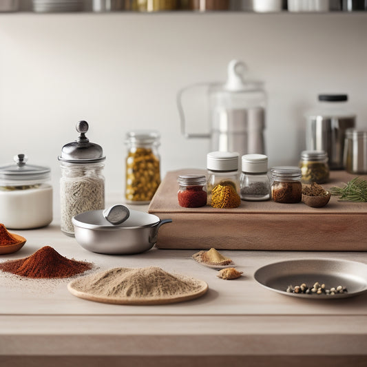 A tidy kitchen countertop with multiple magnetic spice strips in various lengths and designs, holding an assortment of spices and seasonings, against a clean white or light-colored background.