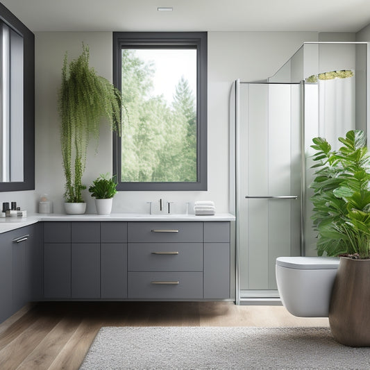 A modern bathroom with a freestanding tub, surrounded by sleek, minimalist cabinetry in a calming gray tone, featuring pull-out drawers and recessed shelves, adorned with lush greenery and soft, warm lighting.