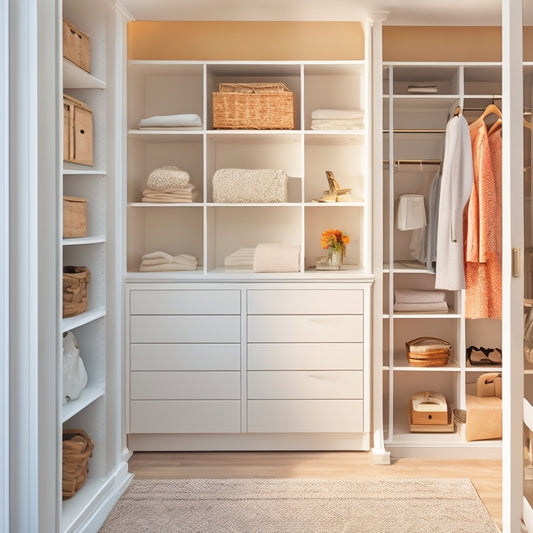 A serene, modern closet interior with creamy white cabinets, warm wood accents, and a mix of open shelving and soft-close drawers, illuminated by soft, natural light filtering through a nearby window.