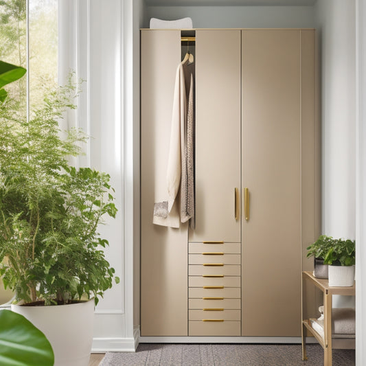 A serene, minimalist closet interior with creamy white walls, light wood floors, and a floor-to-ceiling Pax system in a soft gray tone, adorned with metallic gold hardware and lush green plants.