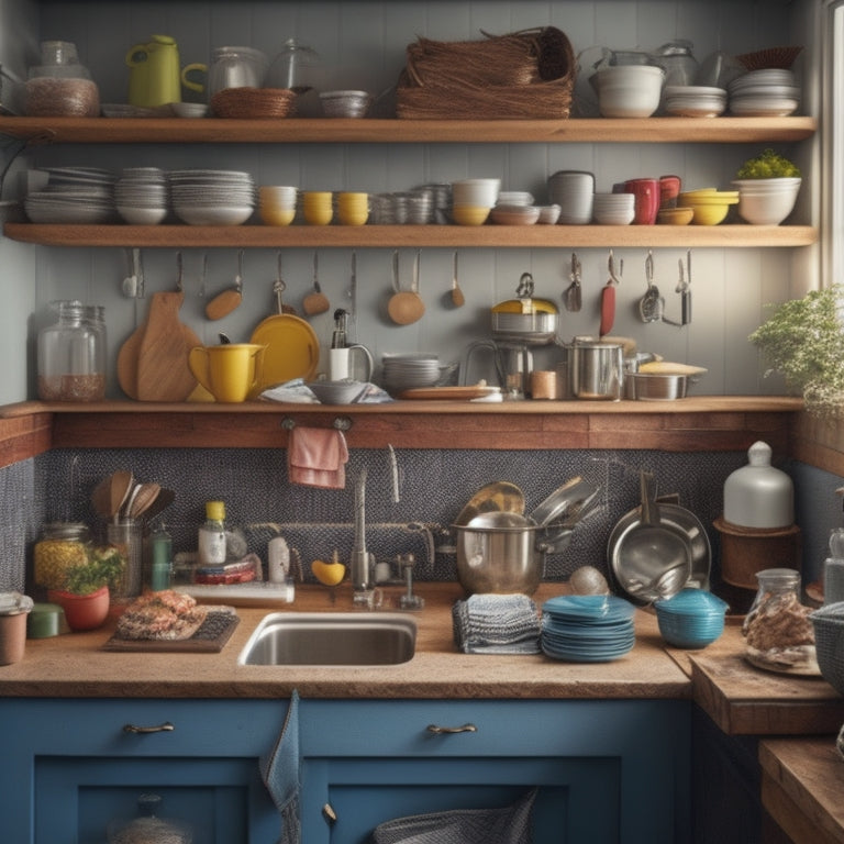 A cluttered, compact kitchen with a messy countertop, overcrowded shelves, and a sink filled with dirty dishes, contrasted with a sleek, organized version in the background, showcasing efficient use of space.