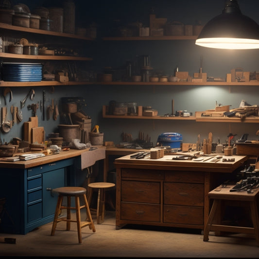 A well-lit workshop background with a half-assembled drawer on a workbench, surrounded by precision tools, a measuring tape, and a drawer slide, with a pair of hands holding a screwdriver.