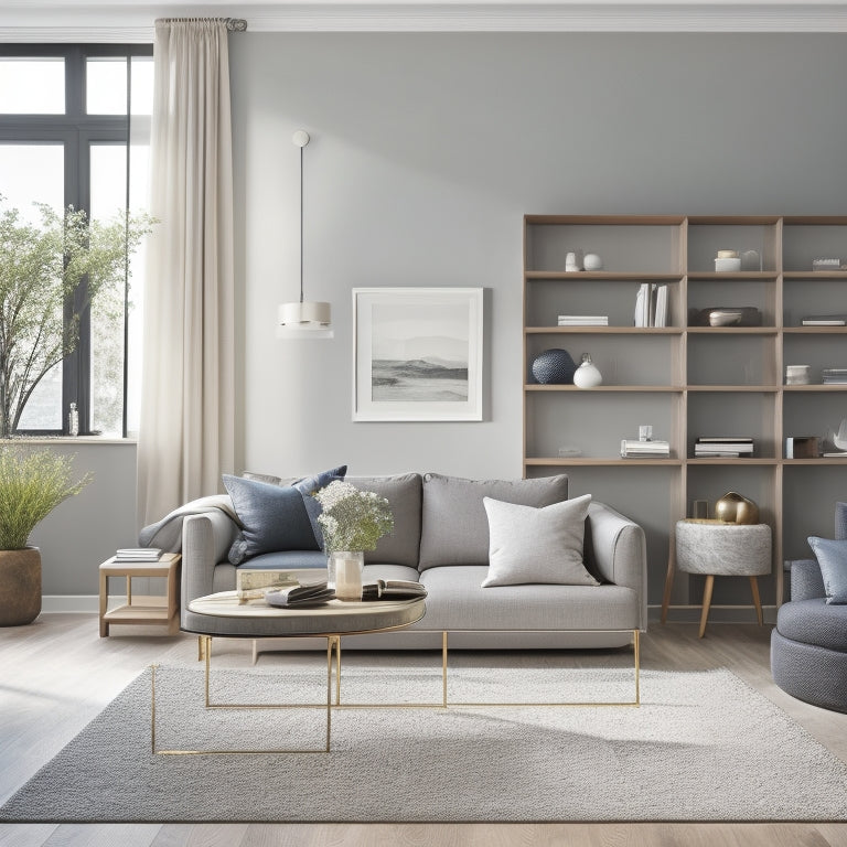 A serene, minimalist living room with a sleek, low-profile storage ottoman, a floor-to-ceiling shelving unit, and a few, carefully-placed decorative objects in a calming color palette.