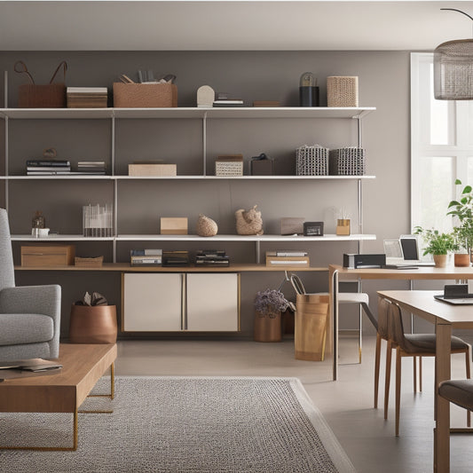 A tidy, modern living room with a wall-mounted shelving unit, baskets, and labeled bins, alongside a sleek, minimalist desk with a few, carefully arranged office supplies.
