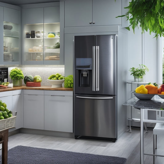 A modern kitchen with a sleek, silver refrigerator featuring a smart bin with a transparent door, surrounded by colorful, organized fruits and vegetables, and a touch screen display on the fridge.