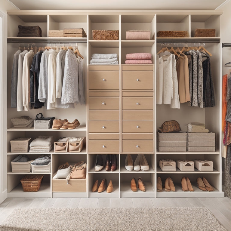 A tidy, walk-in closet with cream-colored walls, dark wood shelving, and a mix of open shelves and closed drawers, showcasing a variety of neatly arranged clothing, shoes, and storage bins.