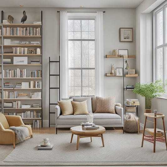 A clutter-free living room with a built-in shelving unit, storage ottoman, and a ladder leaning against a floor-to-ceiling bookcase, surrounded by minimal decor and natural light.