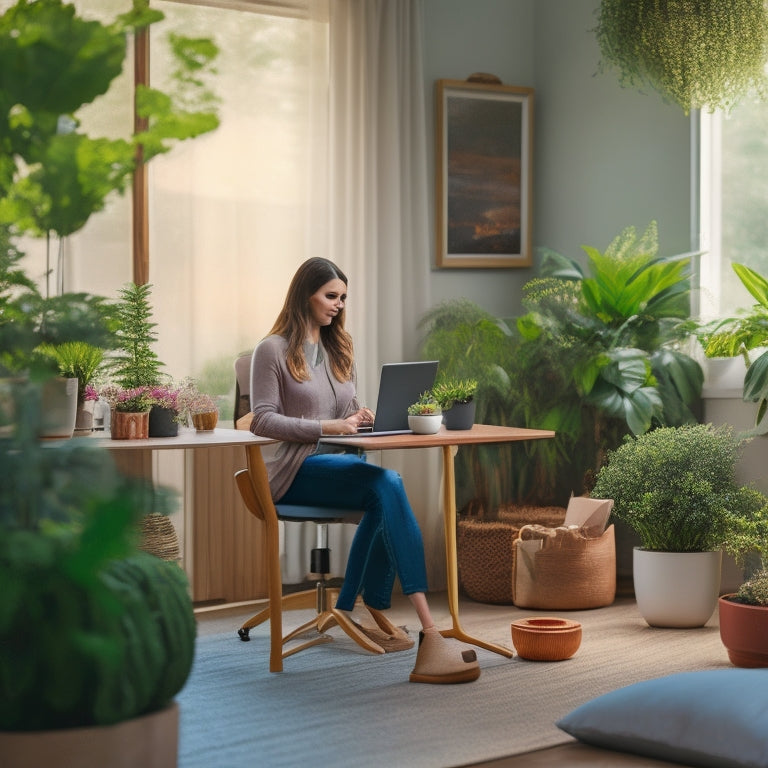 A serene, organized living room with a minimalist decor, a laptop open on a clutter-free desk, and a calm, focused woman in her 30s sitting in a comfortable chair, surrounded by a few potted plants.