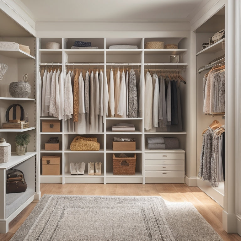 A serene, well-lit walk-in closet with cream-colored walls, dark wood flooring, and a custom organizer system featuring sleek silver rods, shelves, and drawers, with a few stylish outfits and accessories neatly arranged.