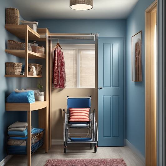 An illustration of a wheelchair-accessible closet with grab bars, adjustable shelving, and a seated area with a mirror, surrounded by calm, natural colors and plenty of natural light.