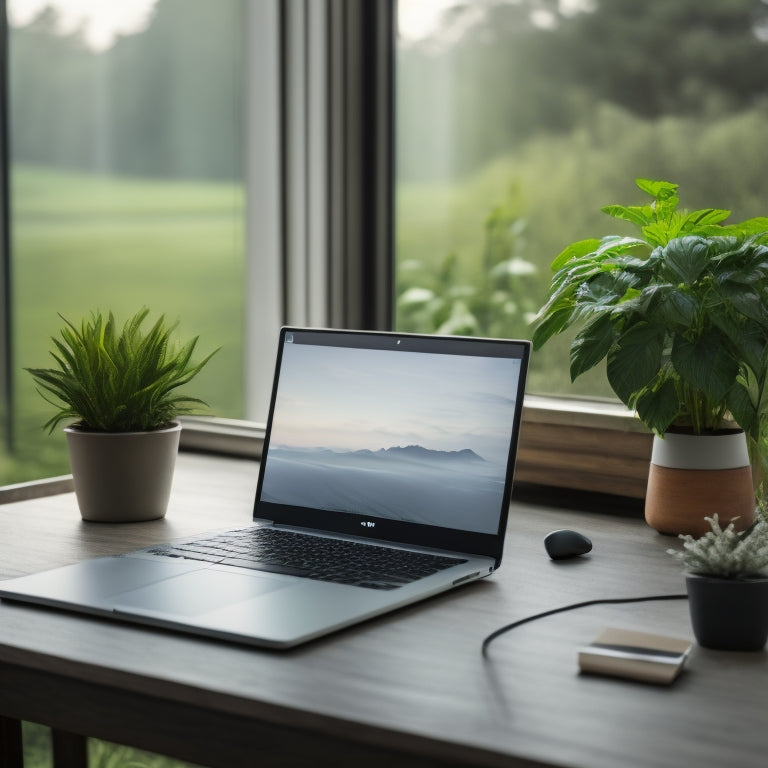 A serene, minimalist desk with a closed laptop, surrounded by a few neatly organized cables, a small potted plant, and a subtle background of blurred, calming nature scenery.