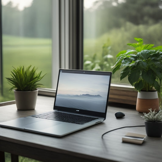 A serene, minimalist desk with a closed laptop, surrounded by a few neatly organized cables, a small potted plant, and a subtle background of blurred, calming nature scenery.