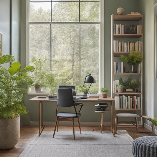 An organized home office with a sleek, minimalist desk, a ergonomic chair, and a floor-to-ceiling bookshelf with a ladder, surrounded by lush greenery and plenty of natural light.