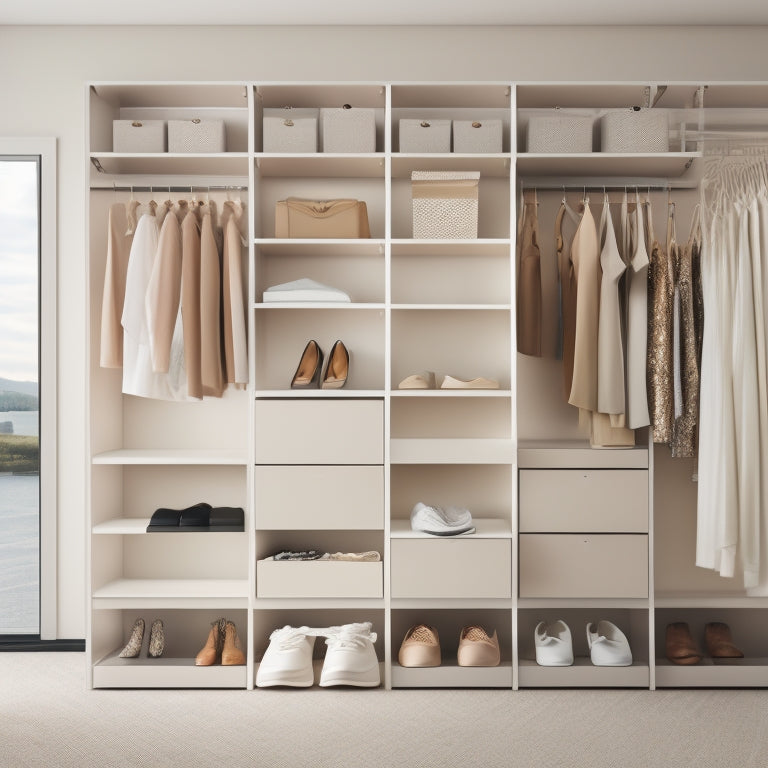 A serene, minimalist closet with a few, stylishly arranged garments on a double rod, paired with a few sleek storage bins and a single, elegant shoe rack, set against a soft, creamy background.