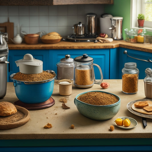 A cluttered kitchen counter with crumbs, spills, and stains, featuring a toaster with a crumb-filled crumb tray, a blender with stuck-on food, and a sink with grease-stained dishes.