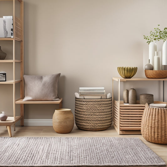 A tidy, modern living room with a minimalist aesthetic, featuring a sleek storage ottoman, a wall-mounted shelf with woven baskets, and a decorative tray on a coffee table holding a few carefully arranged decorative items.