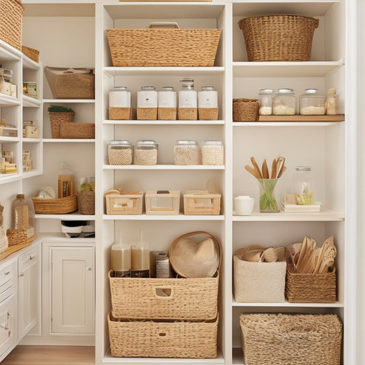 A tidy pantry with adjustable shelves, wicker baskets, and stackable containers, featuring a Lazy Susan, a pegboard with hooks, and a few strategically placed labels, all in a calming, neutral color scheme.