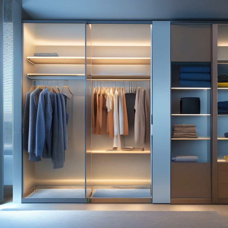 A modern, sleek closet with sliding glass doors, illuminated shelves, and a minimalist aesthetic, surrounded by a subtle grid of digital lines, hinting at augmented reality design tools.