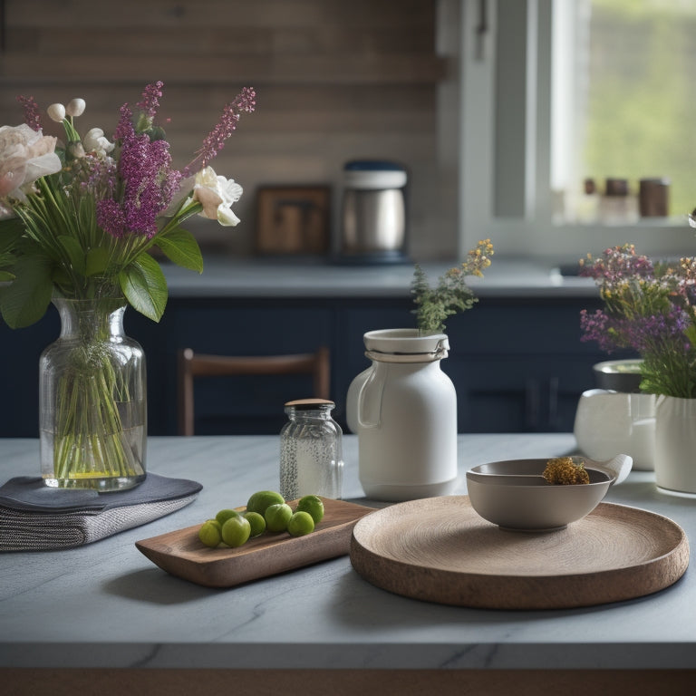 A serene kitchen counter with a few, neatly arranged items: a small vase with fresh flowers, a wooden utensil holder with a few essentials, and a small, open cookbook with a single recipe marked.