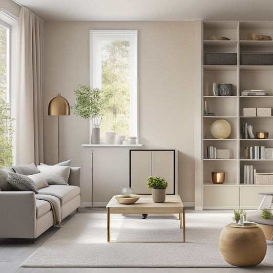 A serene, minimalist living room with a few, carefully-placed decorative items, a sleek, wall-mounted shelving system, and a few, neatly-arranged storage bins, bathed in warm, natural light.