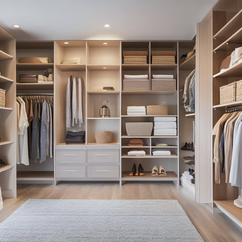 A spacious, modern walk-in closet with custom-built shelves, drawers, and rods in a warm, wood tone, surrounded by soft, natural light, with a few stylish outfits and shoes on display.