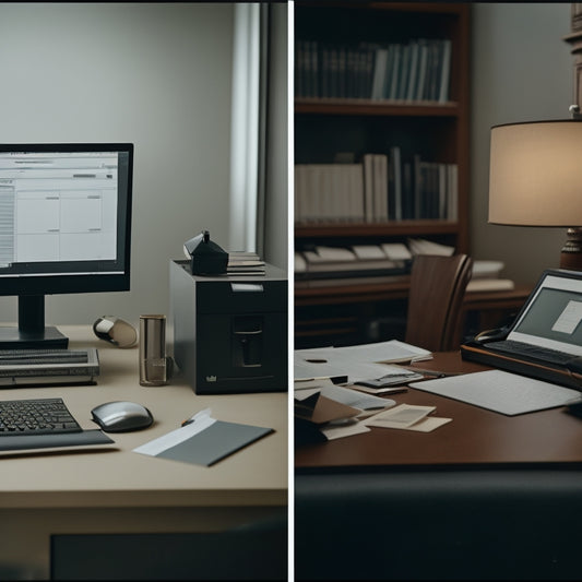 A split-screen image: a cluttered desk with overflowing file folders and a dusty filing cabinet on one side, and a sleek, minimalist computer screen with organized digital files on the other.