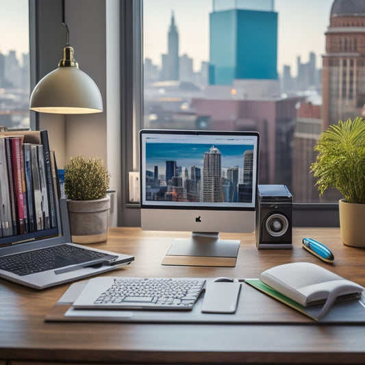 A tidy, modern desk with a laptop, a notebook, and a few colorful pens, surrounded by organized files and folders, with a subtle cityscape or bookshelf background.