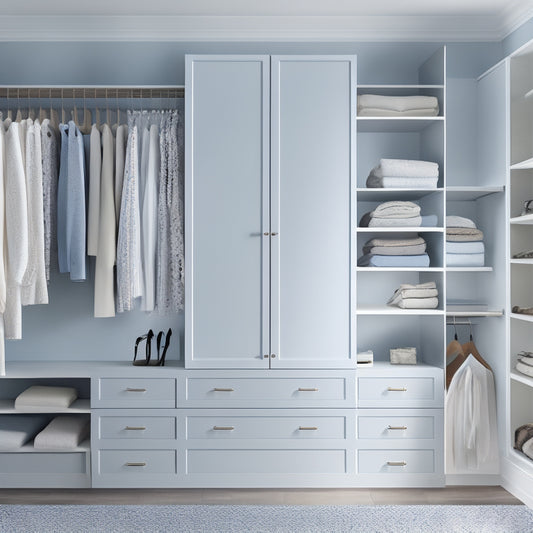 A serene, minimalist closet interior with soft, warm lighting, featuring a custom-built organizer system with drawers, shelves, and rods in a calming, creamy white finish, amidst a backdrop of soft, pale blue walls.