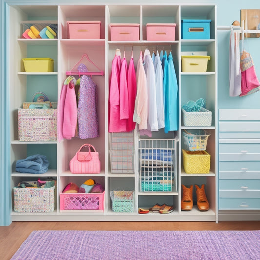 A bright, airy closet with pastel-hued shelves, baskets, and bins, featuring a kid-friendly clothes organizer with cartoon animal hooks, a slide-out drawer, and a colorful, patterned rug.