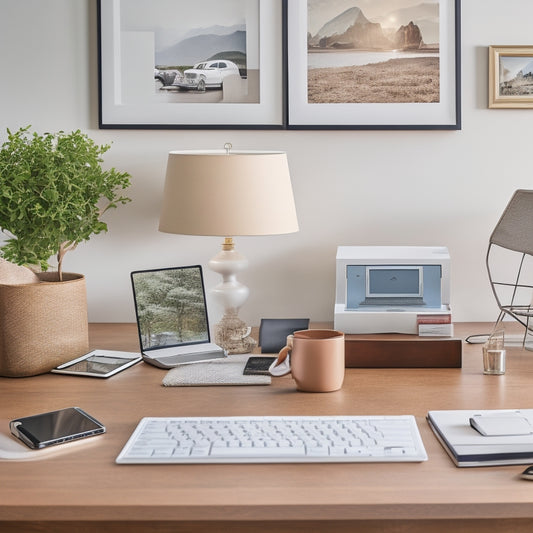 A clutter-free home office desk with a laptop, a tablet, and a smartphone, surrounded by organized files, a planner, and a few minimalist decorations, with a subtle background of a tidy living room.