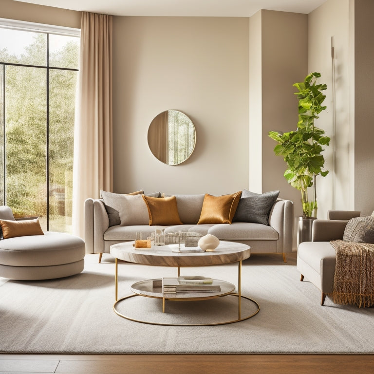 A serene, modern living room with a sectional sofa in a neutral tone, surrounded by a circular rug, floor-to-ceiling windows, and a minimalist coffee table with a few, carefully-placed decorative objects.