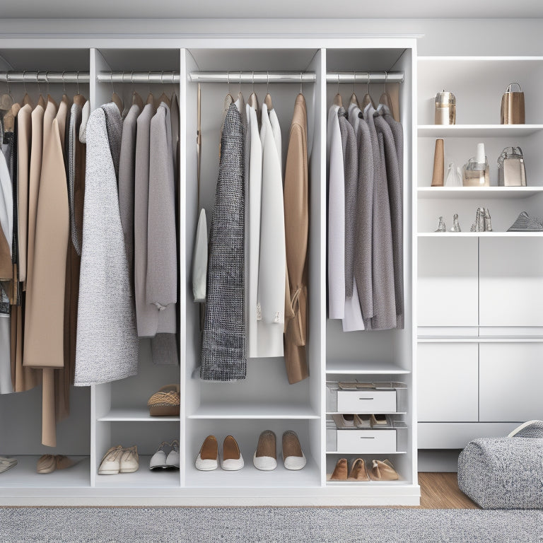A stylish, modern closet interior with sleek, silver rotating rods, holding a variety of neatly arranged clothes, shoes, and accessories, amidst a minimalist white background with subtle wood accents.