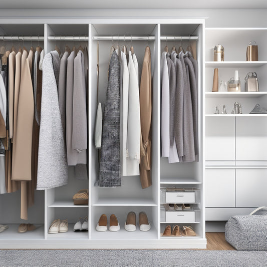 A stylish, modern closet interior with sleek, silver rotating rods, holding a variety of neatly arranged clothes, shoes, and accessories, amidst a minimalist white background with subtle wood accents.